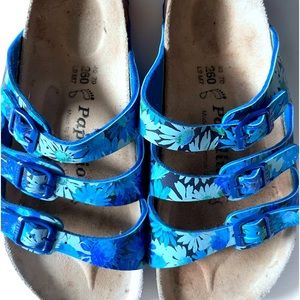 Really cute blue flowered three strap Birkenstocks